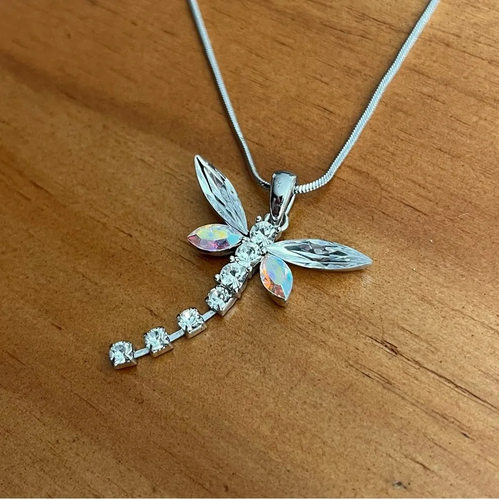 BOGO Kirks Folly Dragonfly Necklace Aurora Borealis Rhinestone on Silver Tone - Picture 2 of 5